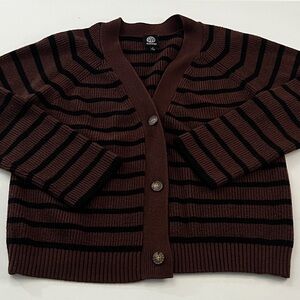 Bobeau Women’s Button-Front Brown & Black Striped Cardigan, size large